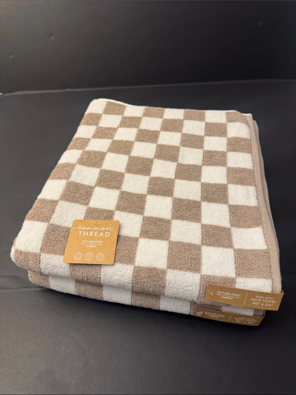 2pc COMMON THREAD Eco-Melange Bamboo Checkered Bath Towel Set - Tan/White